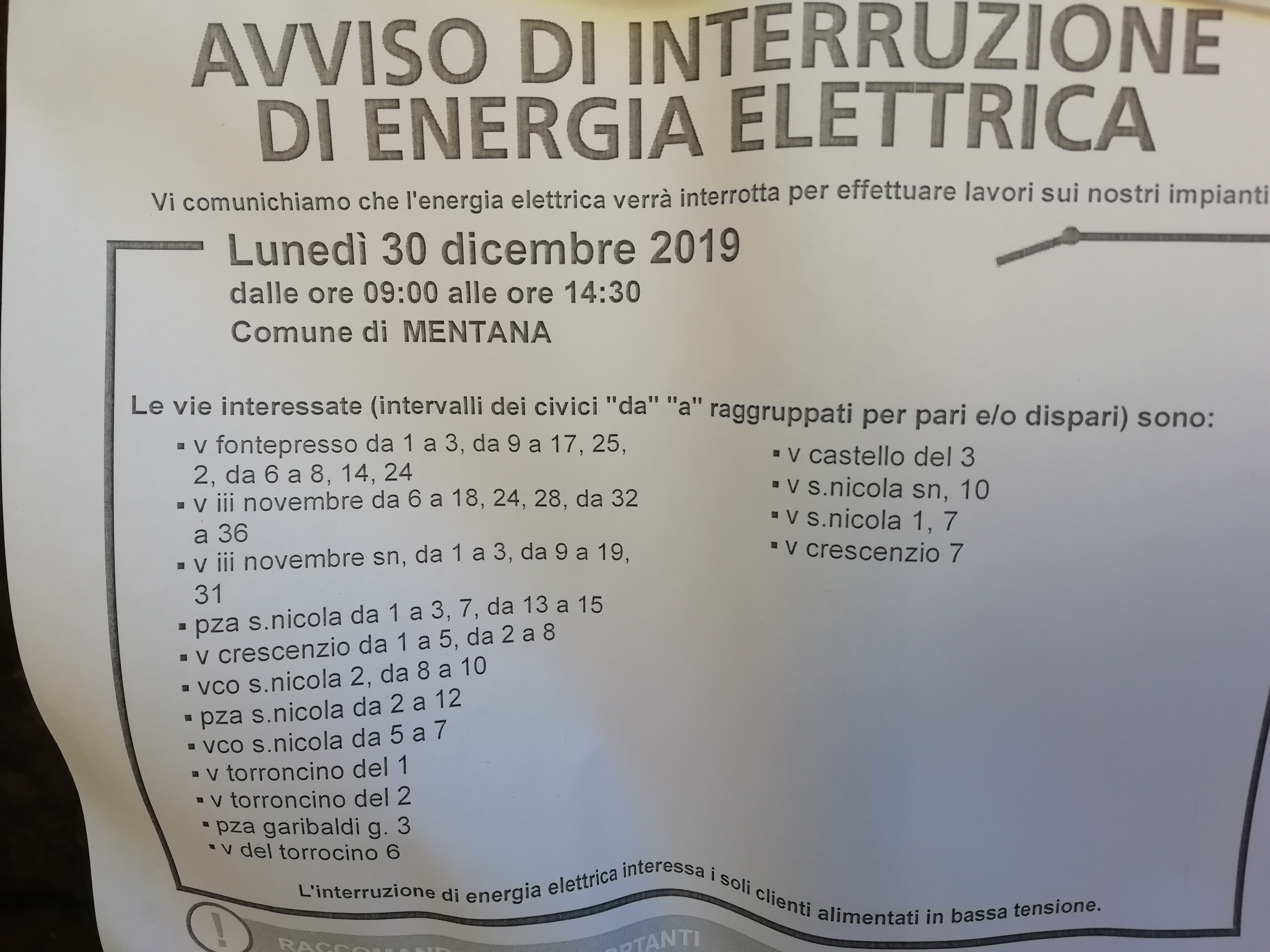 Chiusura uffici causa interruzione erogazione energia elettrica